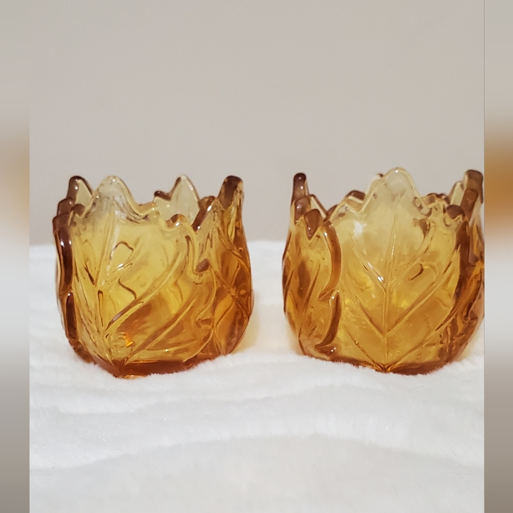 Pair of Vintage 3" Partylite Amber Glass Oak Leaf Pattern Votive Candle Holders
